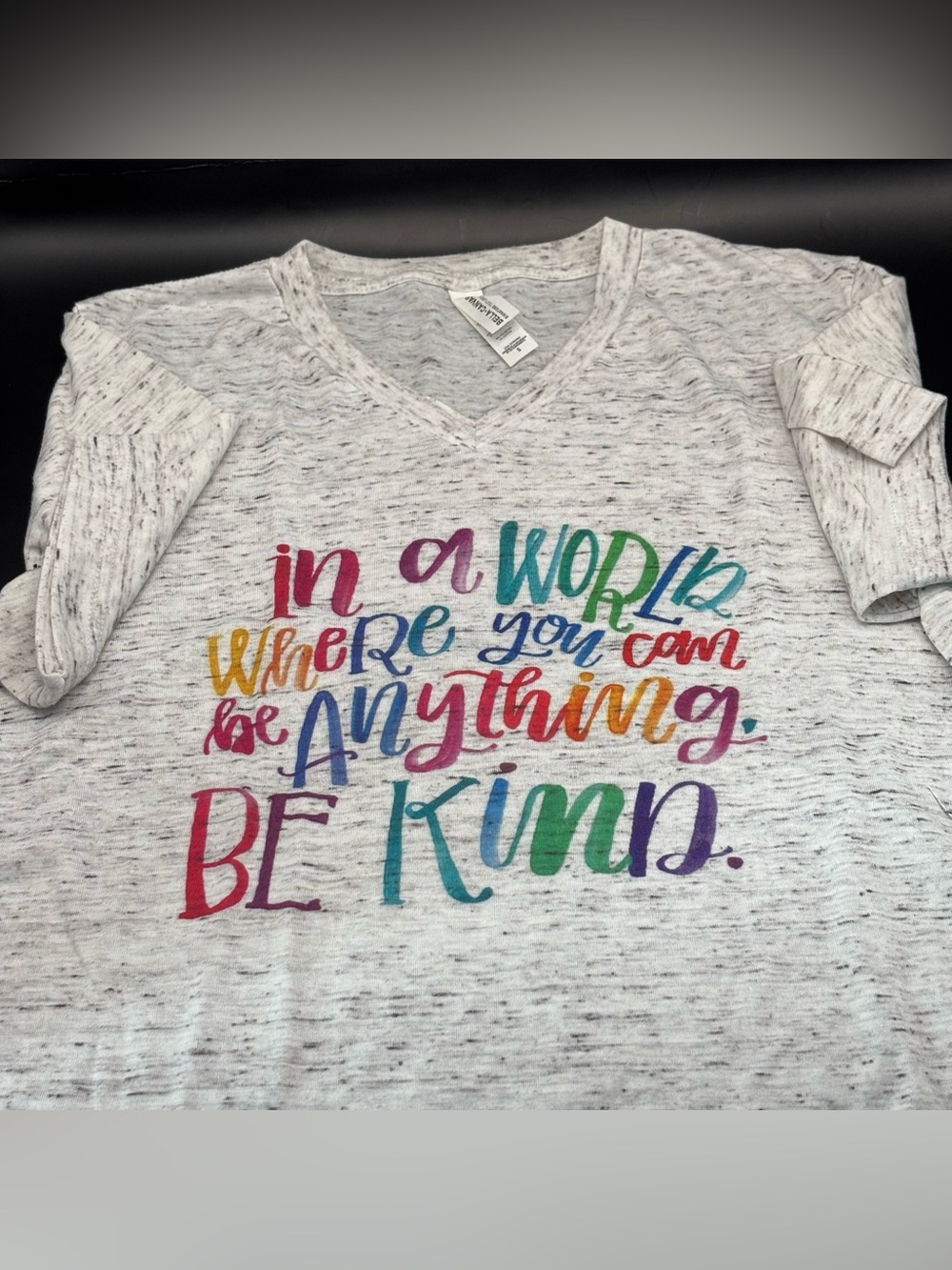 Be Kind Women’s S Bella + Canvas T-shirt White & Grey Semi-sheer Colorful Text